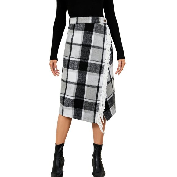 Wool Blend Plaid Midi Skirt with Fringe Trim Wrap Style
